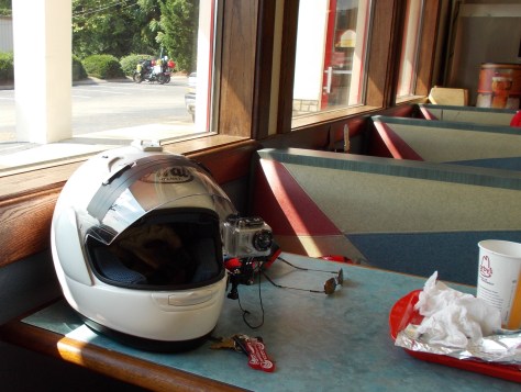 Bikes in shade, ice-cold Coke, roast beef sandwiches, and a clear view. Ahh...